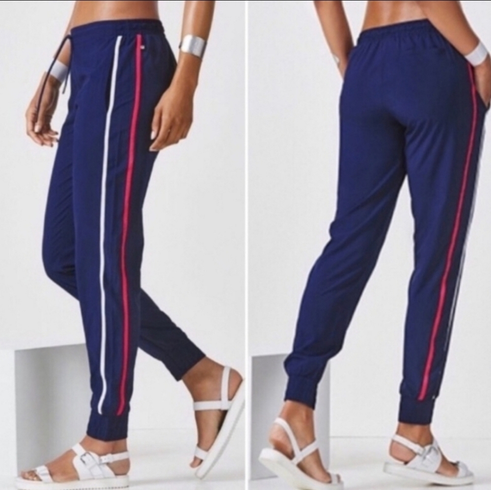 Fabletics Joggers Striped Track Pants Blue Pink Silver Medium M Drawstring